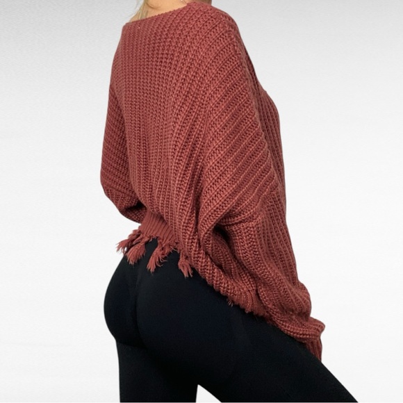 Miracle USA | Washed Maroon Distressed Off Shoulder Fringed Oversized Sweater - Picture 2 of 4
